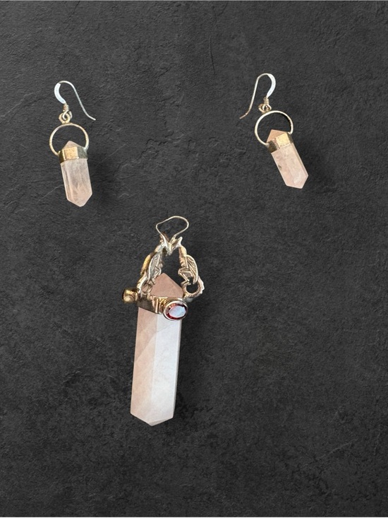 None Jewelry - Rose Quartz Crystal Pendant Necklace + Matching Earrings | Boho Gemstone Set